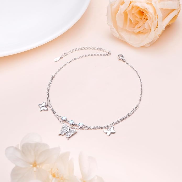 Anklets for Women 925 Sterling Silver Blue Evil Eye Infinity Butterfly Adjustable Multilayer Layered Summer Beach Ankle Bracelet Foot Chain Jewelry for Women