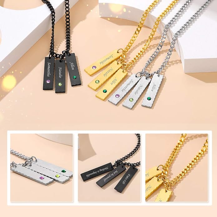 Custom4U Personalized Birthstone Bar Necklaces for Women, Custom Handmade Silver/Black/Gold Vertical Bar Pendants with 1-3 Names Engraved,Unique Memorial Necklace for Her