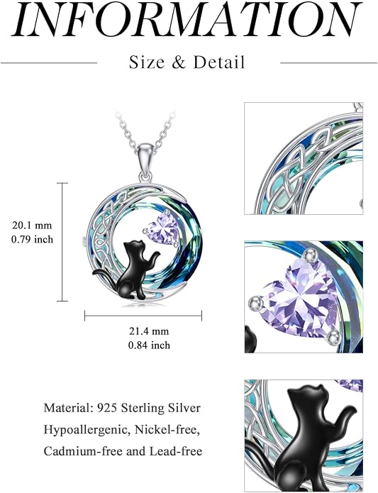 TOUPOP Cat Gifts for Cats Lovers 925 Sterling Silver Black Cat Necklace Celtic Moon Birthstone Jewelry for Women Anniversary Birthday Gift for Her Wife Mom