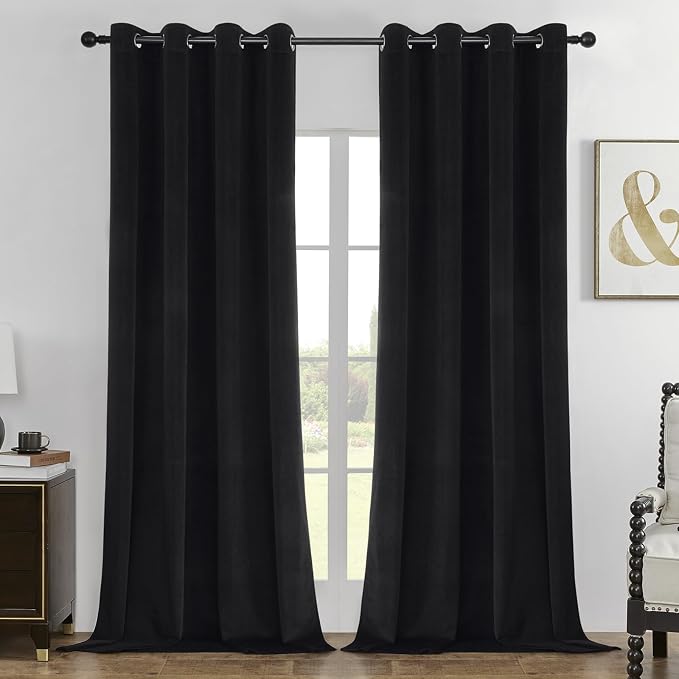 Joydeco 100% Blackout Velvet Curtains Black 90 Inch Grommet Top | Luxury Thermal Insulated Velvet Curtains for Bedroom Living Room, Soundproof Blackout Window Drapes