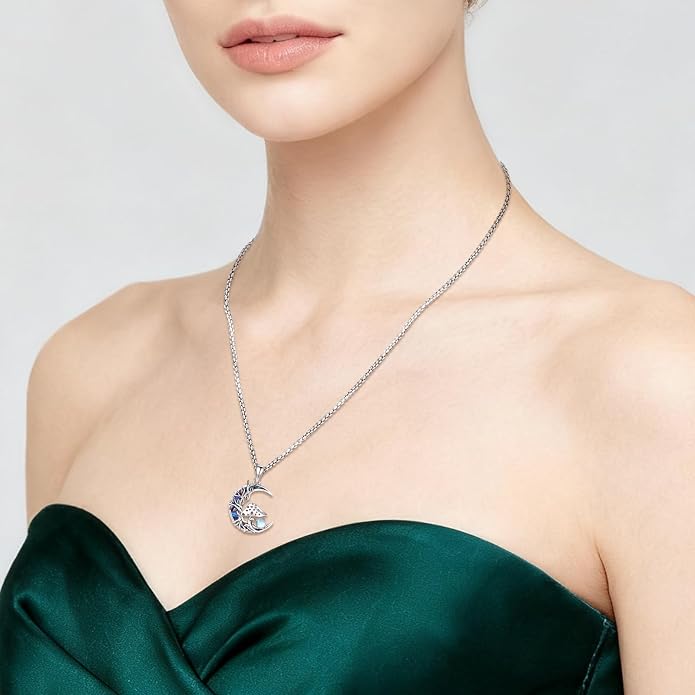 Sterling Silver Tree of Life Necklace for Women Oval Family Tree Necklace Abalone Shell Moonstone Pendant Mother Day Necklace for Mom Tree of Life Jewelry