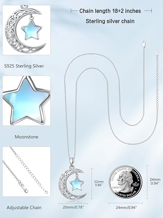 Dreamboat Sterling Silver Moon and Star Necklace Silver Crescent Moon Necklaces for Women Star Pendant Celestial Jewelry Gifts