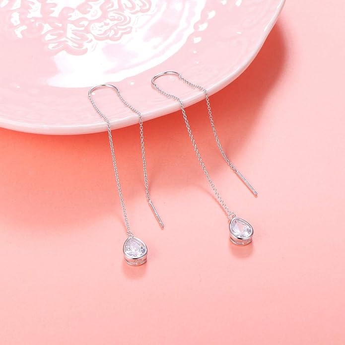 Teardrop Earrings Threader Earrings 925 Sterling Silver Droplet Jewelry Drop Dangle Long Charm Earrings for Women Girls Birthday Gifts