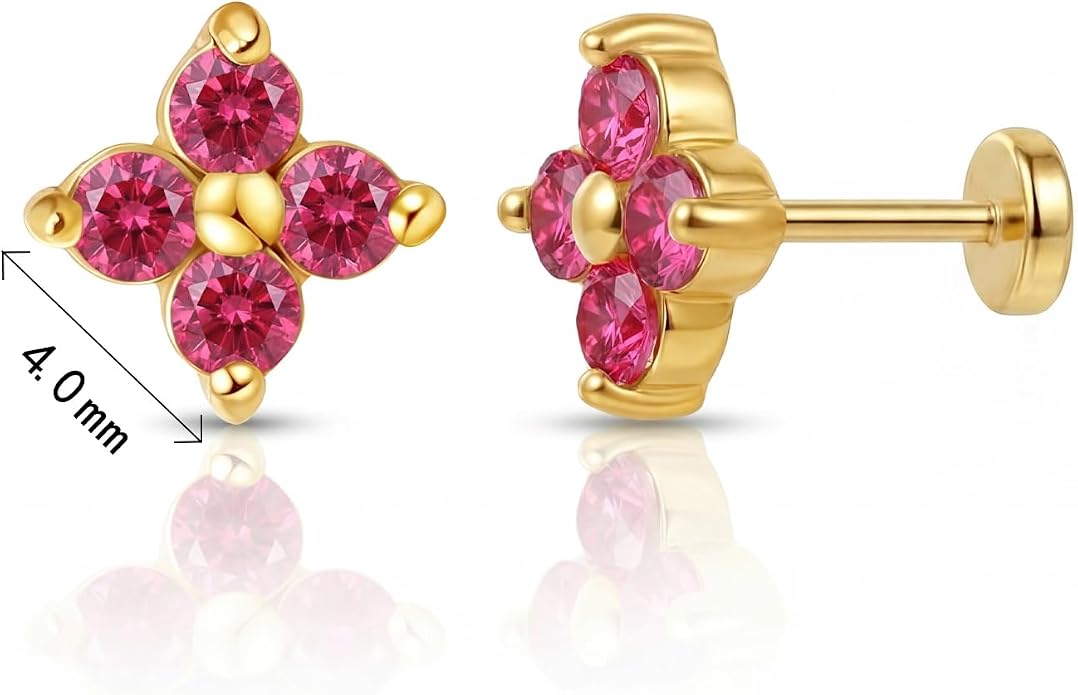 FANSING Short Threadless Cartilage Earring Stackable CZ Birthstone Flat Back Earrings for Women Small Stud Earrings for Tragus Helix Earlobe 18K Gold Plated ‌Rainbow 5.0mm