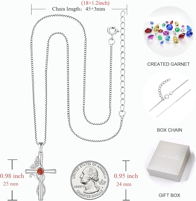 STARCHENIE Butterfly Cross Necklace 925 Sterling Silver Crucifix Pendant Birthstone Jewelry for Women