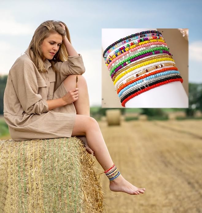 17Pcs-30Pcs Elastic Beaded Handmade Bracelets Bohemian Stackable Beaded Stretch Bracelets Colorful Boho Beach Anket Bracelet Set Rainbow Handmade Seed Beach Bracelet Summer Jewelry for Women