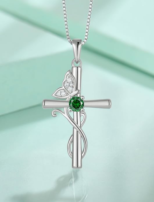STARCHENIE Butterfly Cross Necklace 925 Sterling Silver Crucifix Pendant Birthstone Jewelry for Women