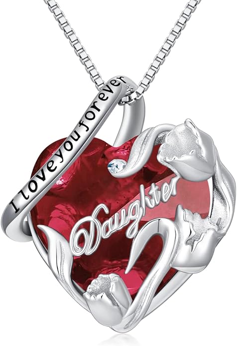 PROESS S925 Sterling Silver Daughter Heart Pendant Necklace from Dad Mom I Love You Forever Jewelry