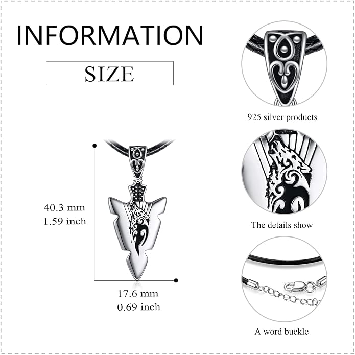 VONALA Gothic Necklace 925 Sterling Silver Punk Dagger/Thor Hammer/Arrowhead Wolf/Lion/Tree of Life Urn Pendant Necklace Viking Amulet Pagan Jewelry Gifts for Women Men Unsex