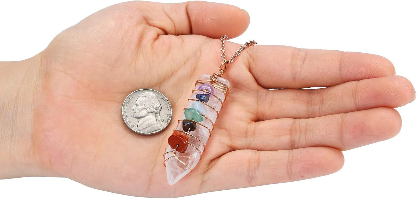 GEHECRST Natural Raw Clear Quartz Point Pendant Necklace Reiki 7 Chakra Healing Crystal Gemstone Chips Rose Gold Copper Wires Wrapped Necklace for Men, Women