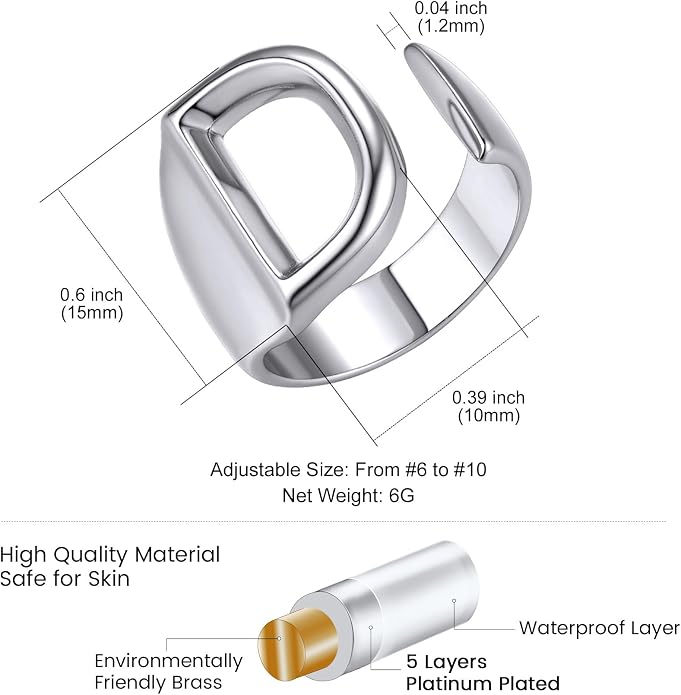 KeyStyle Bold Initial Letter Rings Adjustable, GoldChic Jewelry Women Gold Statement Ring Personalized Engraved Women’s Open Signet Ring for Party (Gold, White Gold, Black)