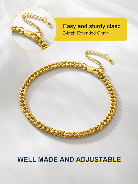ChainsPro Resizable Anklet Chain for Women Men, Figaro/Wheat/Twist Rope/Cuban Foot Bracelet-Strong with Good Clasp-18K Gold Plated(Send Gift Box)