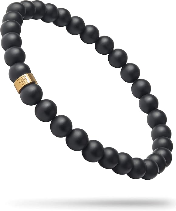 Forge & Foundry Men’s Matte Black Solid Onyx Beaded Bracelet | 10mm, 8mm, 6mm Bead Size Options | Signature Stainless Steel Engraved Bead | Andalus