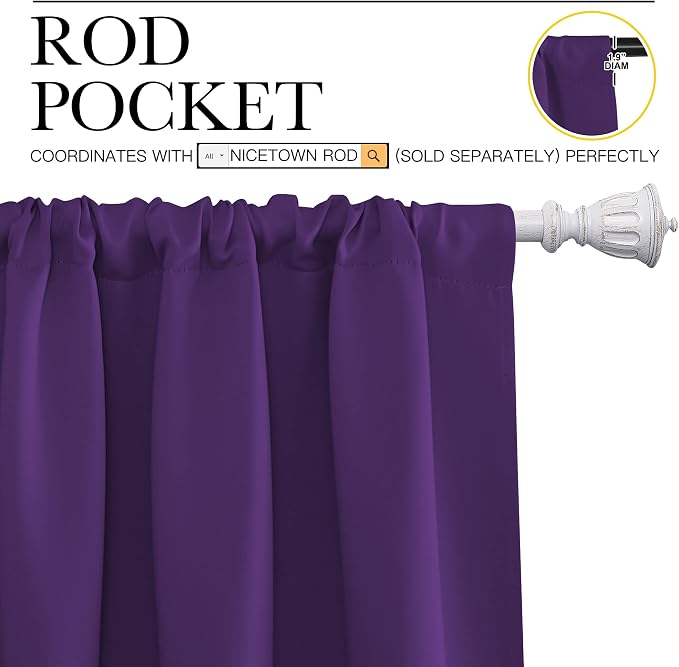 NICETOWN Blackout Purple Curtains for Living Room - Thermal Insulated Solid Rod Pocket Blinds for Bedroom Decor (Royal Purple, Set of 2 Panels, 42 x 45 Inch)