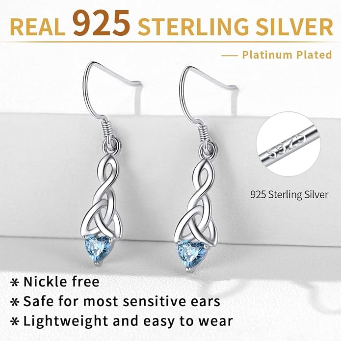 ChicSilver Sparkling Heart Birthstone 925 Sterling Silver Celtic Knot Dangle Hook Earrings (with Gift Box)