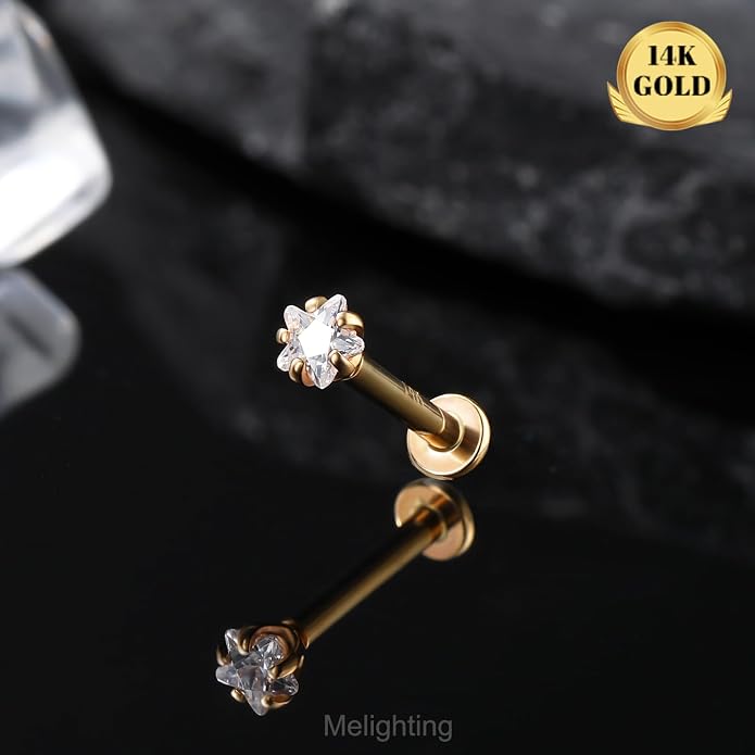 Melighting 14K Solid Gold Cartilage Earring - 16G Gold Heart Flat Back Earring - Star Helix Piercing Jewelry - Internally Threaded Curved CZ - 8mm
