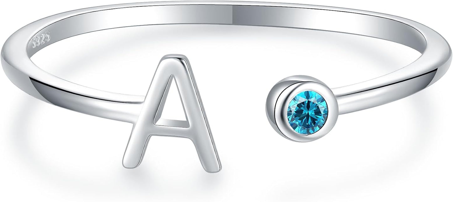 925 Sterling Silver Initial Letter Birthstone Rings for Women Adjustable 1-12 Month Birthstone Alphabet Stacking Ring for Teens Girls Stackable Birthstone Rings Birthday Jewelry Gift for Daughter Mom