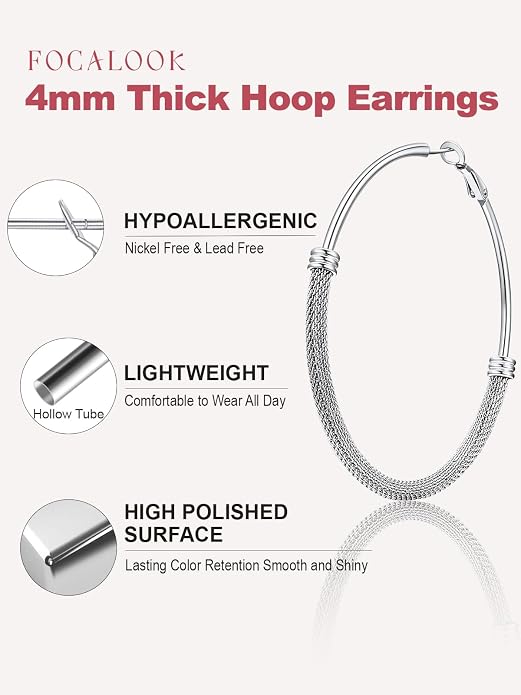FOCALOOK 14K Gold Plated Hoop Earrings, Lightweight Hypoallergenic Large Stainless Steel Black Hoops Earrings for Women 20/30/40/50/60/70/80mm