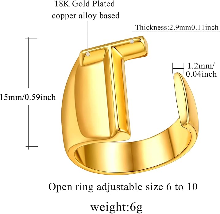 FindChic Customizable Initial Ring Statement 18K Gold Plated Fashion Cuff Rings for Women Alphabet Letter A to Z Resizable Knuckle Ring (with Gift Box)