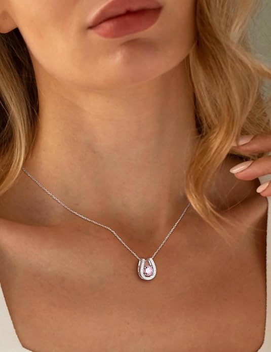 925 Sterling Silver Horseshoe Necklace for Women Round Gemstone Birthstone Necklace Sapphire/Emerald/Ruby/CZ Horse Shoe Pendant Necklaces Jewelry Gift