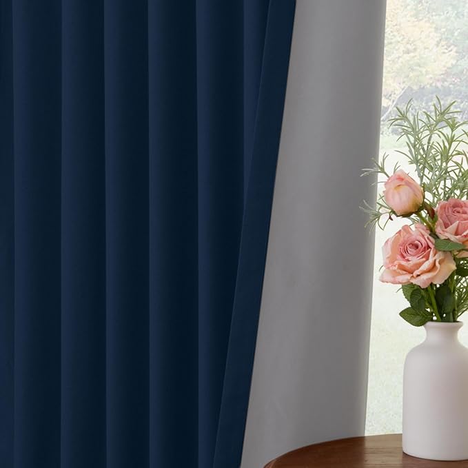 INOVADAY 100% Blackout Curtains for Bedroom, Midnight Blue Black Out Curtains 80 Inch Long, Clip Rings Linen Blackout Drapes, Thermal Insulated Room Darkening for Living Room, 2 Panels - W50xL80