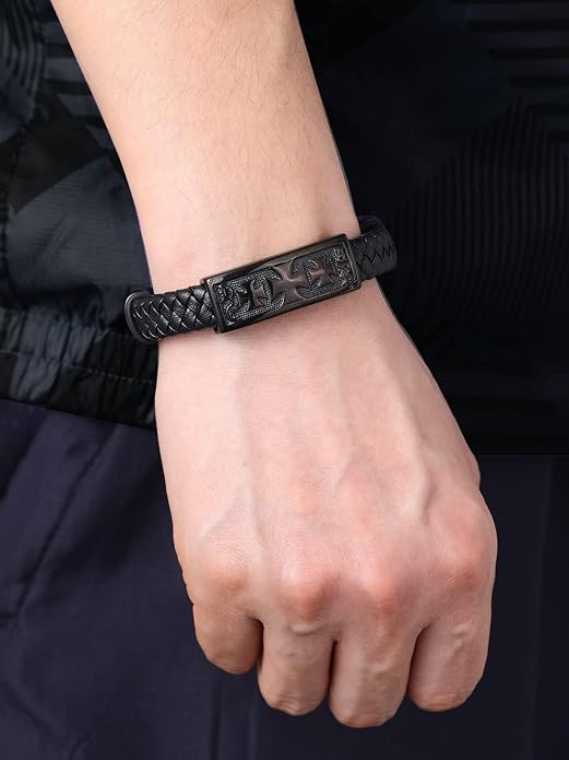 ChainsHouse Mens Wrap Braided Leather Black Bead Bracelets Bangles, Vintage Star of David/Wing Skull/Templar Cross Genuine Leather Bracelet, Customize Available, Size 7.5/8.3/9.0 Inch, Send Gift Box