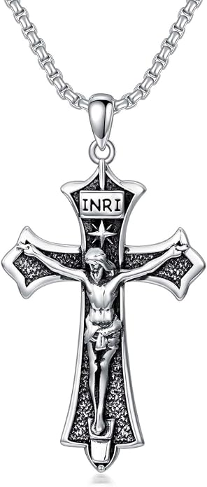 KXJ S925 Sterling Silver Black Cross/Best Dad/Baseball Bat/Silver Cross/Ankh Cross/Crucifix with 22+2 Inches Stainless Steel Rolo Chain Cross Necklace for Men Women Christian Religious Jewelry Gifts