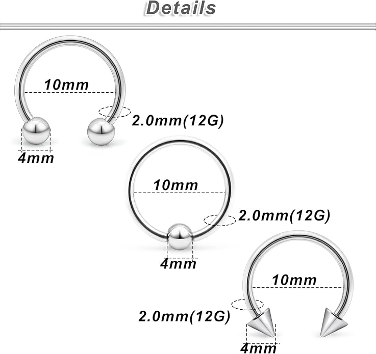 00G 0G 2G 4G 6G 8G 10G 12G 14G 16G Septum Rings Silver Black Surgical Steel Heavy Gauges Earrings Stretching kit Eyebrow Lip Septm Nose Rings Helix Tragus Daith Rook Earrings Hoops 10mm-19mm