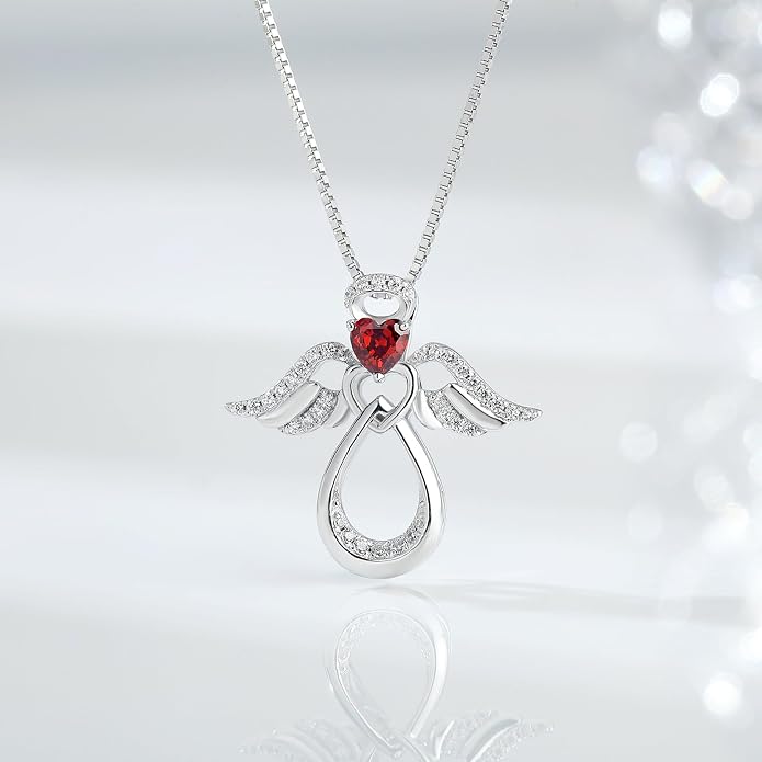 925 Sterling Silver Guardian Angel Pendant Necklace for Women with Birthstone Cubic Zirconia Little Angel Pendant Necklace Jewelry 18 inch Chain