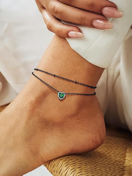 Richsteel Double Layer Heart/Butterfly Birthstone Anklet for Women Non Tarnish Waterproof, Silver/Gold/Black Stainless Steel 8.5-10.5 Inch Adjustable Chain Anklets Jewelry Gifts for Her