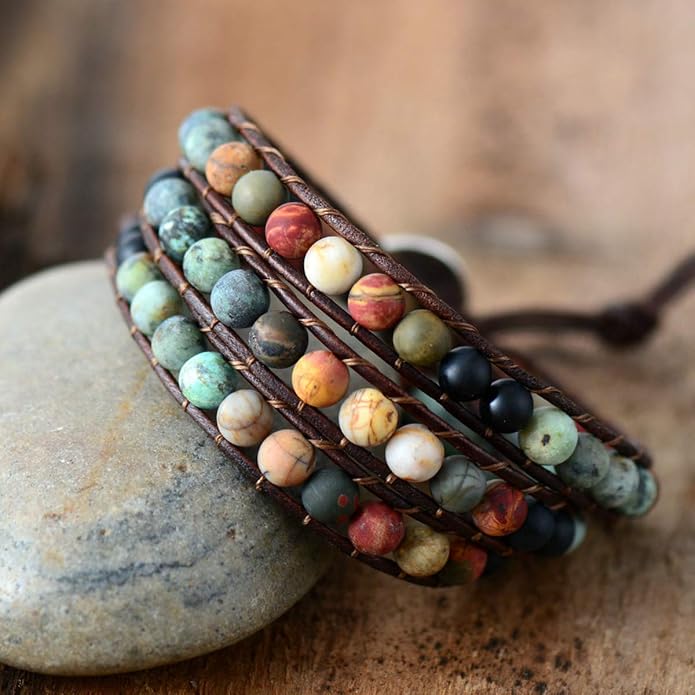 Boho Wrap Bead Bracelet for Women - Handmade Adjustable Natural Stone Beaded Bracelets Yoga Healing Bracelet Bangle Hippie Jewelry