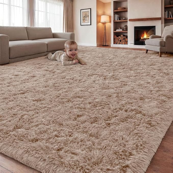 Area Rugs 9x12 Living Room Bedroom: Soft Fluffy Shag Rugs Upgrade Non-Slip High Pile Carpet Large Fuzzy Plush Indoor Floor Shaggy Carpets for Nursery Kid Playroom Office Dorms Home Decor Beige