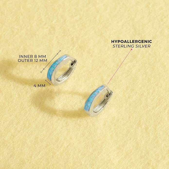 925 Sterling Silver Chunky Simulated Opal Inlay Huggie Hoop Earrings For Little Girls and Preteens 8mm - Young Girls Chunky Hoop Earrings For Everyday Use