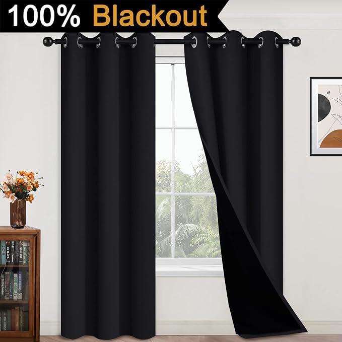 Yakamok Black 100% Blackout Curtains 84 Inches Long for Bedroom 42" Wide | Blackout Curtain Panels for Bedroom, 2 Thick Layers Grommet Top Thermal Insulated Drapes with Black Liner for Living Room