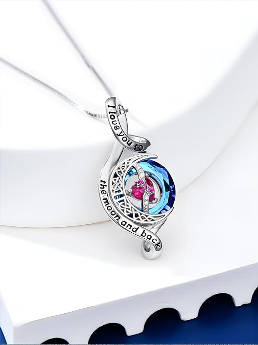 OCJ Birthstone Necklace for Women 925 Sterling Silver Moon and Star Pendant Infinity Celtic Moon Crystal Jewelry Anniversary Birthday Christmas Gift for Her Wife Girlfriend Mom Daughter