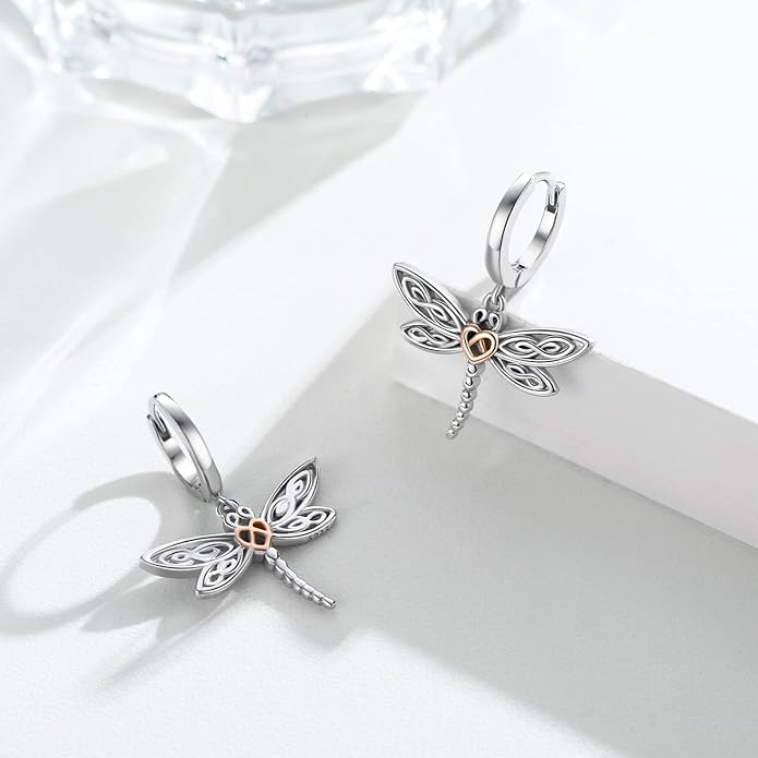 Dragonfly Leverback Hoop Hook Earrings 925 Sterling Silver Celtic Dangle Drop Earrings Dragonfly Huggie Earrings Dragonfly Jewelry Gifts for Women