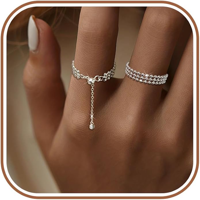 925 Sterling Silver Link Chain Fidget Rings with Dangle Bead Star for Women 14k Gold Plated Adjustable Sparkling Twist Rope Ring Stackable Line Finger Ring Jewelry Christmas Gifts for Mom