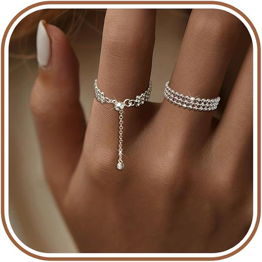 925 Sterling Silver Link Chain Fidget Rings with Dangle Bead Star for Women 14k Gold Plated Adjustable Sparkling Twist Rope Ring Stackable Line Finger Ring Jewelry Christmas Gifts for Mom
