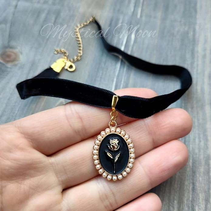Victorian Gothic Black Velvet Choker with Oval Pearl & Rose Black Pendant Vintage Witchy Wiccan Handmade Jewelry Necklace Gothic Gift for Her