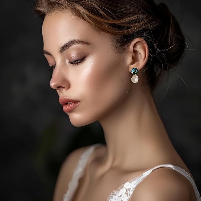 Baroque Pearl Earrings Drop Dangle water droplet shaped Abalone Shell Freshwater Pearl Stud for Women 14K Gold plated Jewelry wedding earrings birthday Gift 11-12mm