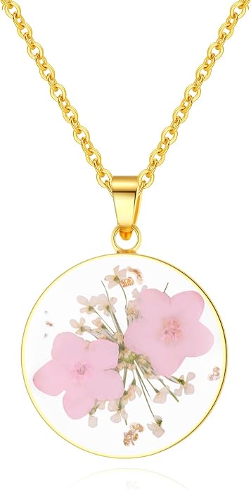 AUNTESIGN Forget-Me-Not and Queen Anne's Lace Pressed Wildflower Necklace | Birth Month Flowers Necklace | Gold/Silver Pressed Flower Jewelry | Mother's Day | Gift For Her