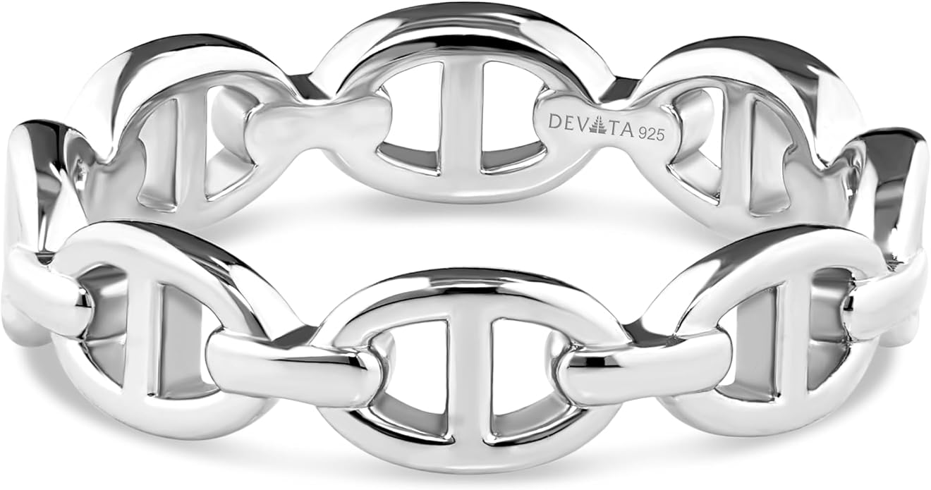 DEVATA Gold or Rhodium Plated Sterling Silver 925 – Eternity, Band Ring for Women – Heart, Knot, Clover, Infinity, Mariner, Cable, Curb, Cuban, Figaro, Daisy, Rope, Ribbed, Dome