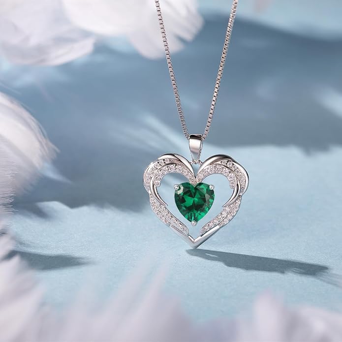 Heart Necklaces for Women Mother's day Gifts, Birthstone 925 Sterling Silver Angel Wings Love Pendant Necklaces for Women, Jewelry Gifts for Wife, Anniversary, Birthday
