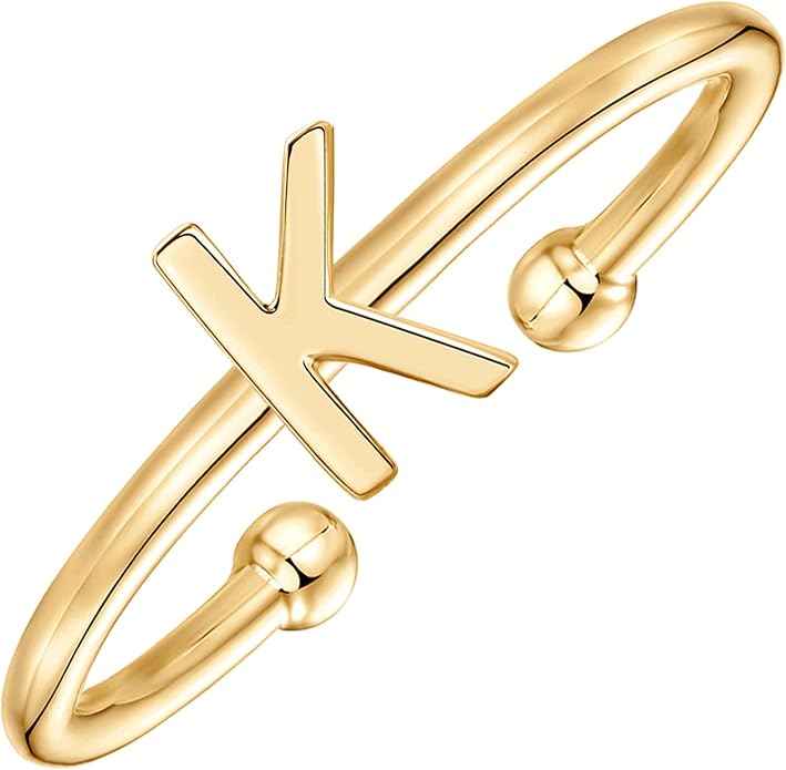 PAVOI 14K Gold Plated Initial Letter Adjustable Ring for Women - Thin Initial Band - Dainty Fashion Jewelry Gifts