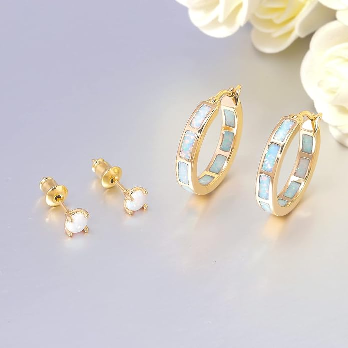 CiNily Sterling Silver/Rose Gold/Yellow Gold Plated Hoop Earrings 20mm,Multicolor Opal Small Hoop Earrings for Women Girls Hypoallergenic Jewelry for Sensitive Ears Gemstone Earrings
