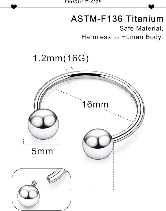 20G 18G 16G 14G 12G 8G 6G 4G 2G ASTM F136 Titanium Internal Thread Horseshoe Septum Ring Jewelry Circular Barbell Helix Snug Tragus Rook Daith Cartilage Earring Lip Ring Piercing Jewelry