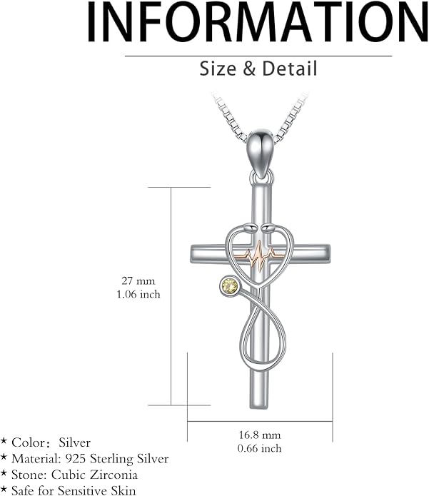 HPQQ Gifts for Nurse Sterling Silver Stethoscope Cross Necklace Nurses Birthstone Jewelry Nursing Themed Medicine Nurses Week Graduation Gifts Doctor Medical Student RN
