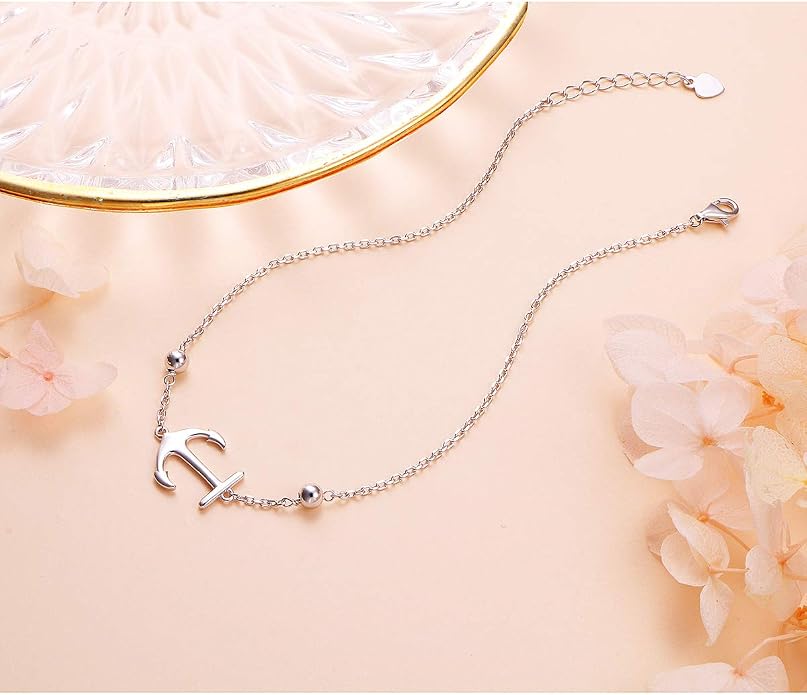 FLYOW S925 Sterling Silver Anklet for Women Summer Boho Beach Charm Adjustable Foot Ankle Bracelet Jewelry Birthday Gift