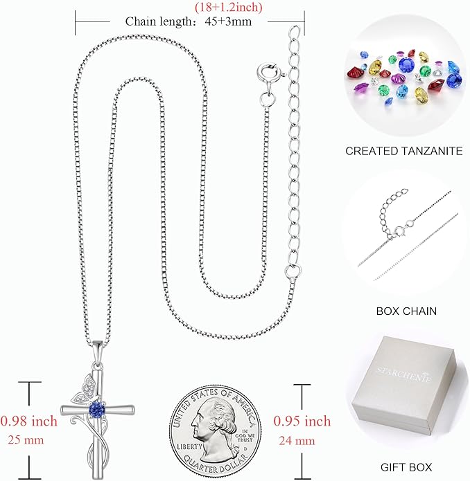 STARCHENIE Butterfly Cross Necklace 925 Sterling Silver Crucifix Pendant Birthstone Jewelry for Women