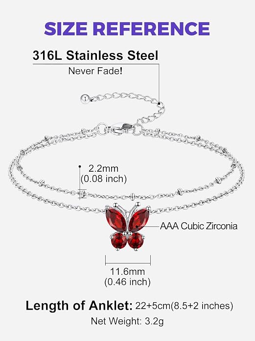 Richsteel Double Layer Heart/Butterfly Birthstone Anklet for Women Non Tarnish Waterproof, Silver/Gold/Black Stainless Steel 8.5-10.5 Inch Adjustable Chain Anklets Jewelry Gifts for Her